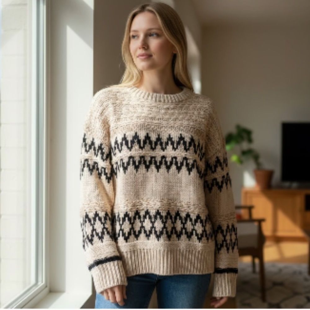 Skies Are Blue Womens Fair Isle Knit Sweater Sz S Preppy Heritage Nordic Chunky